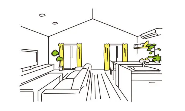 Vector illustration of living room in a house with high ceilings