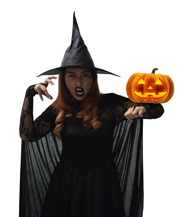 Halloween witch with pumpkin monster head isolated on white background