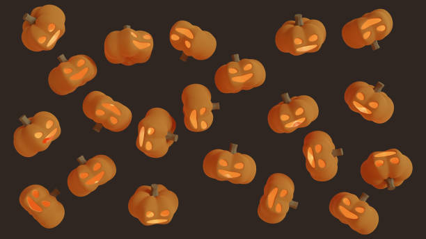 3d rendering pumpkin falling - witch voodoo smiling bizarre imagens e fotografias de stock