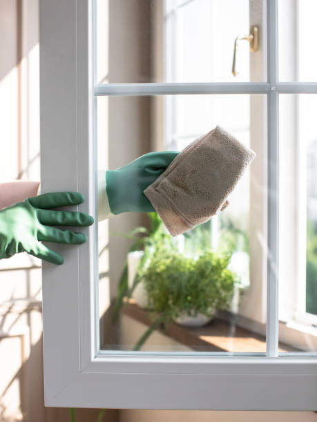 Washing windows. Home cleanliness care. Soap solution is splashed on the window. Clear glass. Scraper for cleaning windows. The housewife washes the window. washing windows stock pictures, royalty-free photos & images