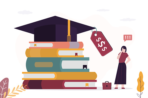 Female student shocked by high price of tuition. graduate hat with price tag lies on stack of textbooks. problem of education accessibility. poor student cannot pay for tuition. Scholarship, grant.