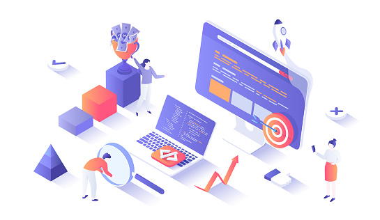 Website Optimization, Search Engine Optimization, SEO strategy. Web analytics, management and marketing. Keywording, Reporting, Links building. Isometry illustration with people scene for web graphic.