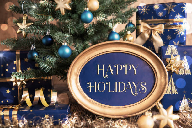 Oval Frame With Text Happy Holidays, Christmas Tree Background