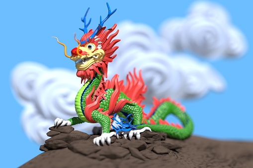Fantasy illustration of a group of dragons flying together over a mountain landscape, 3d digitally rendered illustration