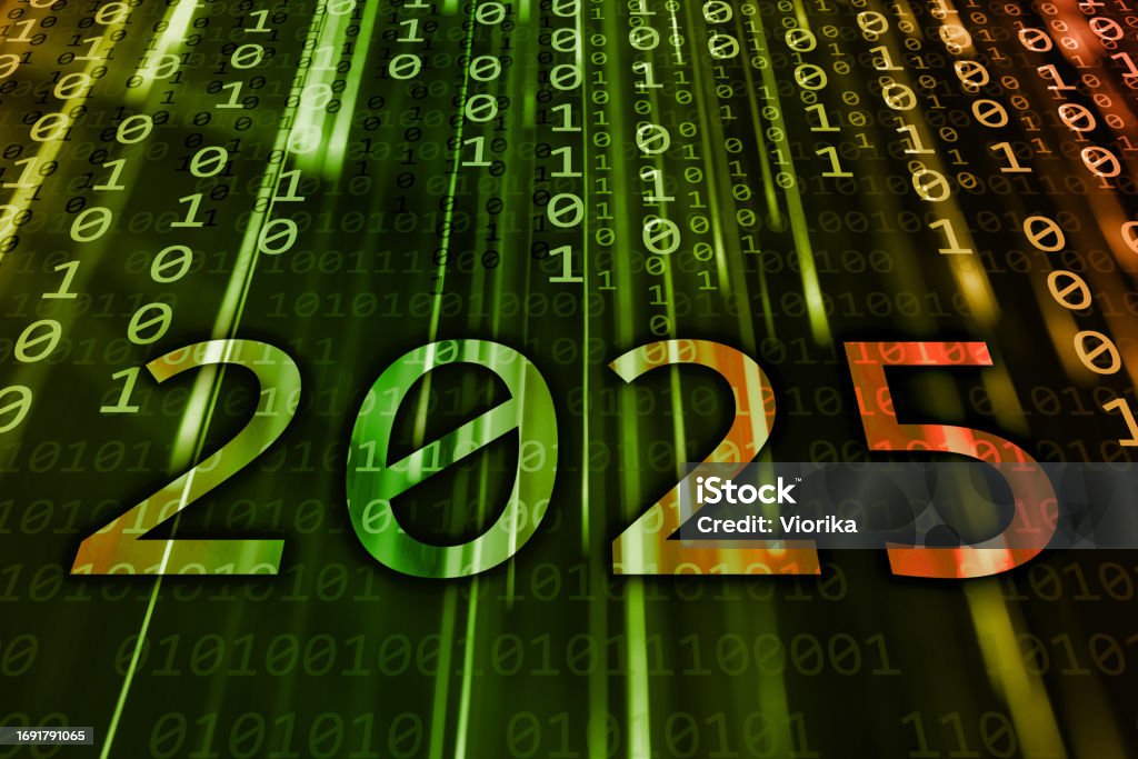New Year 2025 on a binary code background 2025 text written on a green flowing binary code background. New Year 2025 celebration concept. 2025 Stock Photo