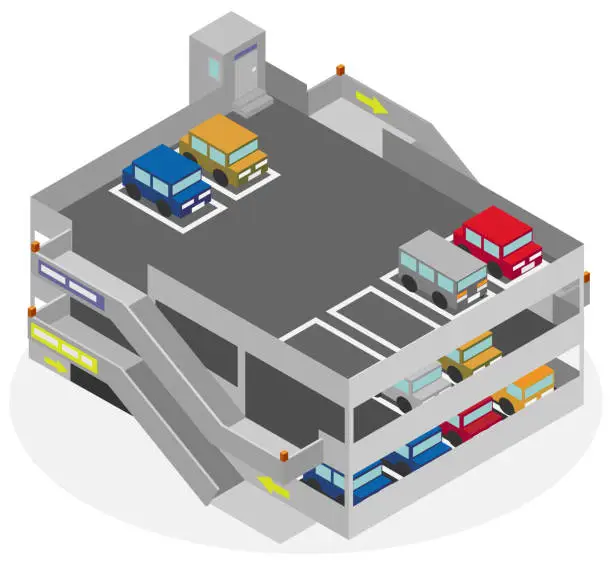 Vector illustration of Isometric self-propelled multi-storey parking building