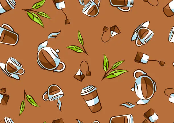 Vector illustration of Pattern with black tea items. Background with tea and accessories, packs and kettles.