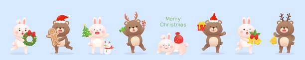 istock Set of cute rabbit and bear character mascots with Christmas elements, can be used for greeting invitation cards 1691801742