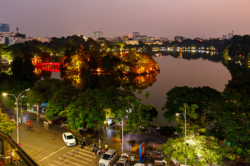 Hanoi, Bac Bo, Vietnam - November 2019: The Lake Hoan Kiem in the city of Hanoi in Vietnam