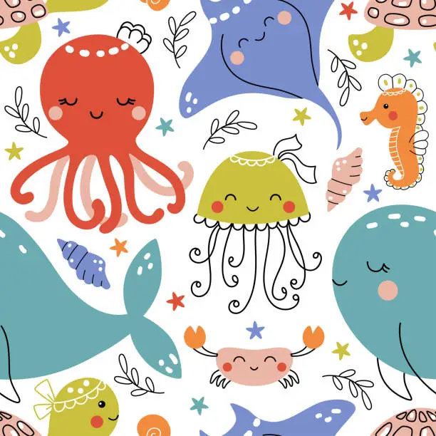 Vector illustration of Cute nautical pattern with swimming sea animals. Funny seamless vector print