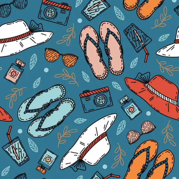 Vector illustration of Summer beach vector seamless pattern with straw hat, flip flops, sunglasses