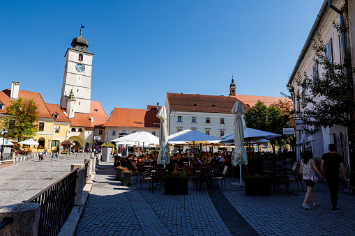 Sibiu, Transylvania, Romania - August 08, 2021: The historic city of Sibiu in Romania with the old city hall tower