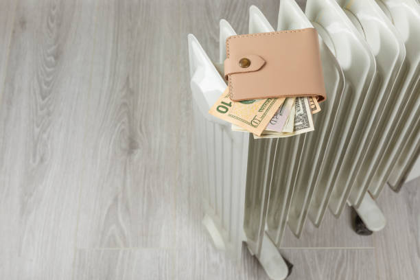 istock Home central heating system.Euro and dollars money banknotes on heating radiator battery .Concept of expensive heating costs and rising energy bill prices for winter cold season.Copy space. 1691817503