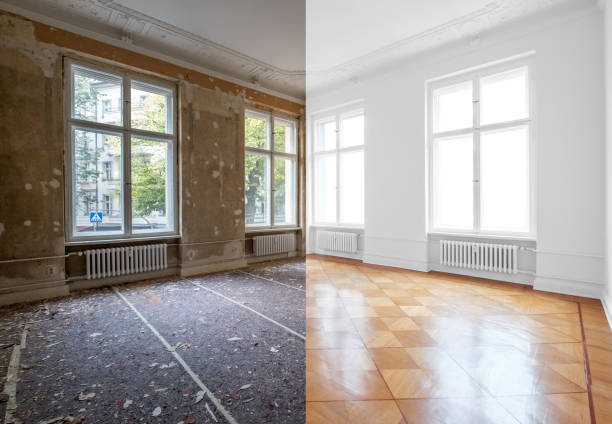 istock flat renovation, empty room before and after refurbishment or restoration  - 1691820331