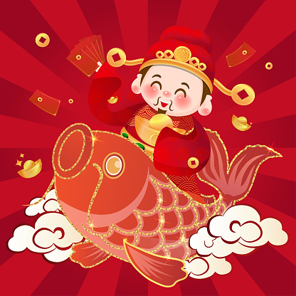 Cute God of Wealth in the New Year, holding ingots and red envelopes on koi fish