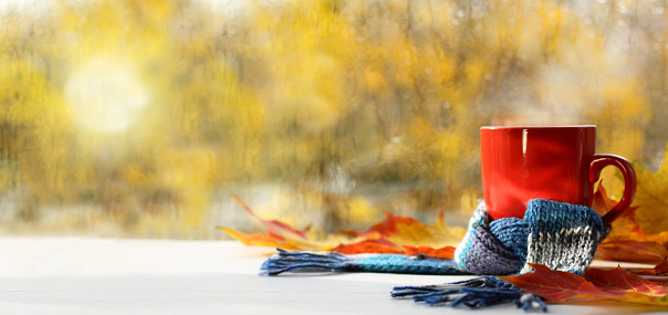 red mug wrapped in a blue scarf on a table with maple leaves against the background of a wet window after rain