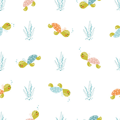 Cute summer pattern with baby sea turtles swimming underwater. Funny sea animals print for girly textile, wrapping paper