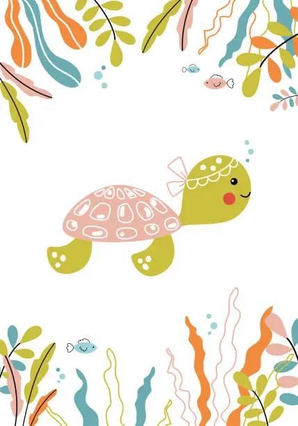 Vector illustration of Cute baby sea turtle swimming underwater. Vector illustration