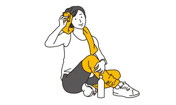 Vector illustration of Asian woman taking a break from training