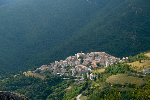 A closer view of a small village in the natural park of San Vicino