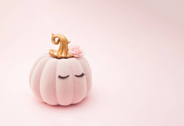 istock Pink plush pumpkin with eyelashes and pink rose on pink background. 1691841573