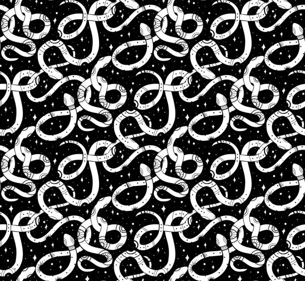 Vector illustration of Vector seamless pattern with white celestial snake silhouettes with mystic decorations and stars on a black background.