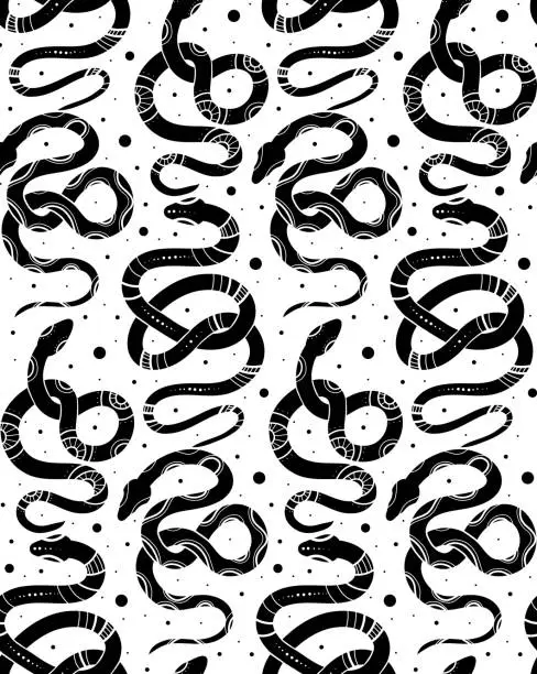 Vector illustration of Vector seamless pattern with black celestial snake silhouettes with mystic decorations and stars on a white background with dots. Magic texture