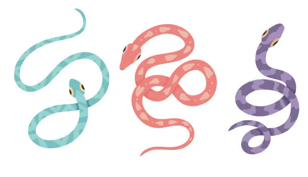 Vector illustration of Vector set of cartoon snakes isolated from white background. Clipart collection of serpents in various poses in pastel colors