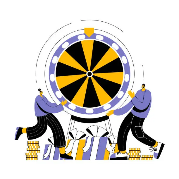 Vector illustration of Characters spin the wheel of fortune and win prizes.