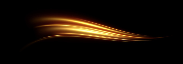 Golden glowing swirl. The effect of moving at the speed of light. Easy trail. Shiny wavy path. Vector.Neon light