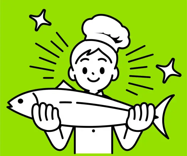 Vector illustration of A chef boy holds a big fish, looking at the viewer, minimalist style, black and white outline