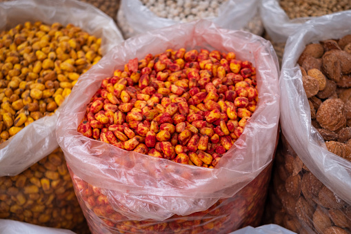 Corn seeds and nuts for sale on food market