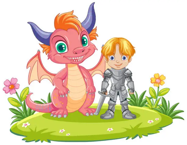 Vector illustration of Cartoon knight boy with dragon