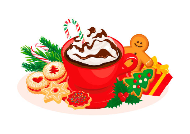 ilustrações de stock, clip art, desenhos animados e ícones de cup of hot chocolate and christmas gingerbread cookies vector illustration - white background still life winter gift