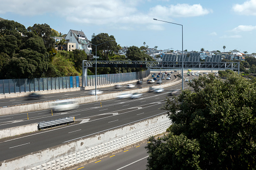 Flowing traffic on State Highway 1 in Central Auckland, New Zealand