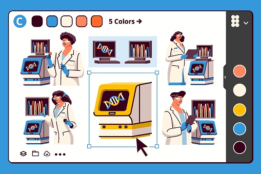 DNA Scientist an icon bundle. Set of scientist activities on DNA testing machine, such as sequencing, extraction and cloning. DNA helix molecule structure vector illustrations in flat web design