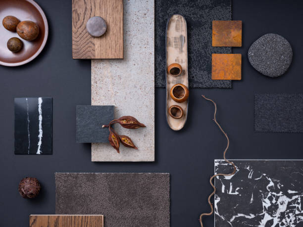 istock Aesthetic  flat lay composition in grey and navy color palette with textile and paint samples, lamella panels, leaves and tiles. Architect and interior designer moodboard. Top view. Copy space. 1691892237