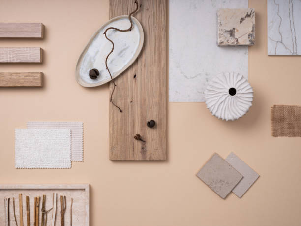 istock Creative flat lay composition with textile and paint samples, panels and cement tiles. Stylish interior designer moodboard. Light beige and gray color palette. Copy space. Template. 1691892243