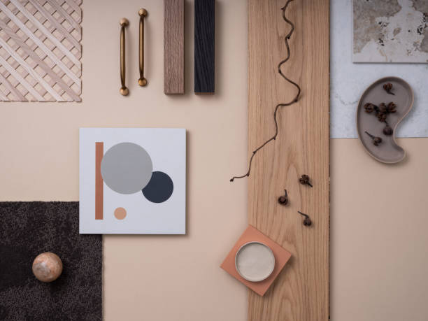 istock Aesthetic flat lay composition with textile and paint samples, handle, panels and cement tiles. Stylish interior designer moodboard. Light beige color palette. Copy space. Template. 1691892245