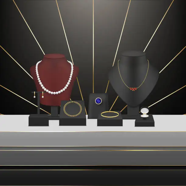 Vector illustration of Jewelry store display necklace earrings bracelet and rings on mannequin showcase realistic vector