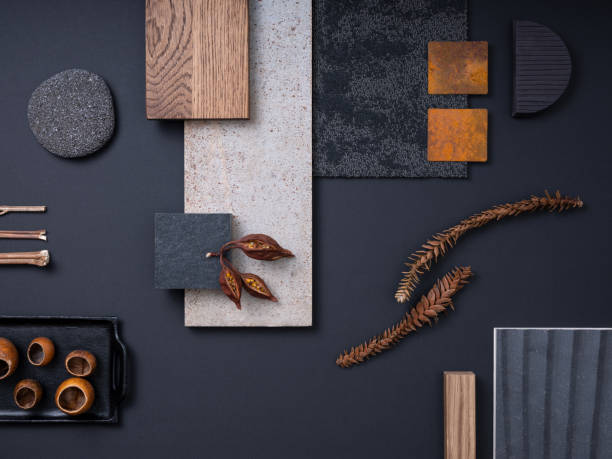 istock Aesthetic  flat lay composition in grey and navy color palette with textile and paint samples, lamella panels, leaves and tiles. Architect and interior designer moodboard. Top view. Copy space. 1691897992