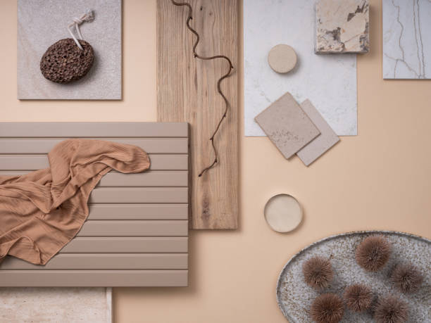 istock Elegant  flat lay composition in beige and gray color palette with textile and paint samples, lamella panels and tiles. Architect and interior designer moodboard. Top view. Copy space. 1691897994