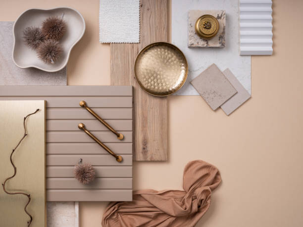 istock Stylish  flat lay composition in beige and gray color palette with textile and paint samples, panels and tiles. Architect and interior designer moodboard. Top view. Copy space. 1691898051