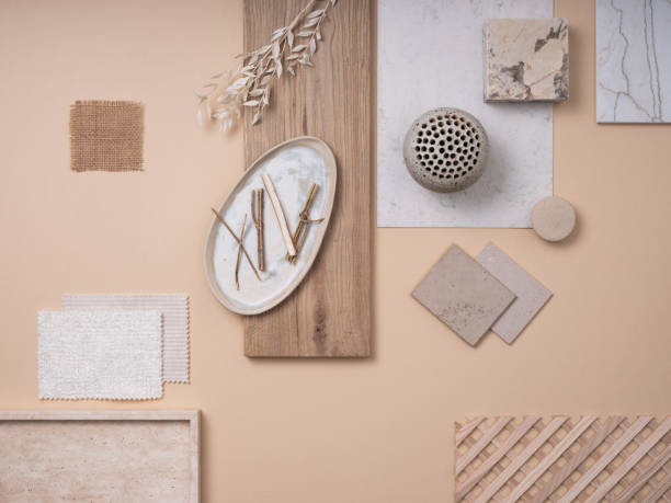 istock Creative flat lay composition with textile and paint samples, panels and cement tiles. Stylish interior designer moodboard. Light beige and gray color palette. Copy space. Template. 1691898060