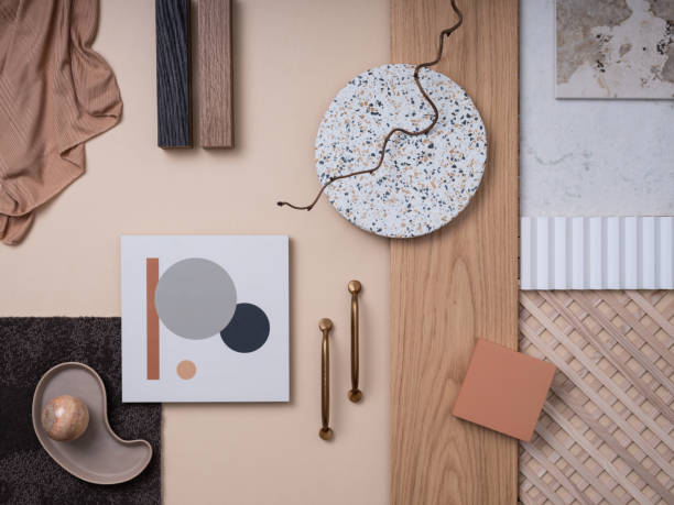 istock Aesthetic flat lay composition with textile and paint samples, panels, handle and cement tiles. Stylish interior designer moodboard. Light beige color palette. Copy space. Template. 1691898089