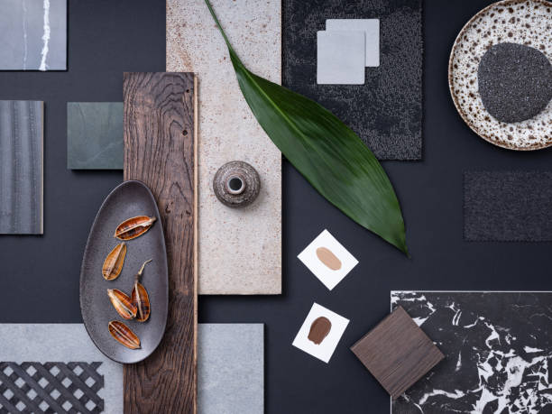 istock Aesthetic  flat lay composition in grey and navy color palette with textile and paint samples, lamella panels, leaves and tiles. Architect and interior designer moodboard. Top view. Copy space. 1691898106