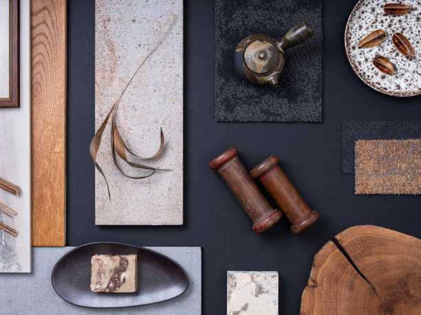 istock Creative flat lay composition with textile and paint samples, panels and cement tiles. Stylish interior designer moodboard. Navy, gray and brown color palette. Copy space. Template. 1691898626