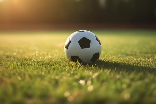 Soccer ball on grass field, sport concept.