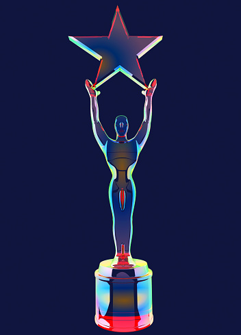Colorful chrome trophy star award, 3d render with clipping path