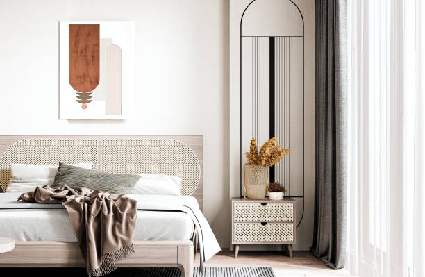 istock modern bedroom interior with dressing table, Bed with bedhead and side table with photo frame , wall mockup ,Scandinavian style, 3D render, 3D illustration 1691914587